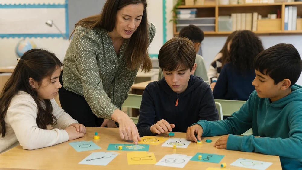 A teacher supporting pupils with a classroom activity
